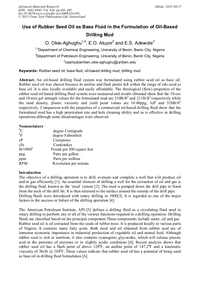 Use of Rubber Seed Oil as Base Fluid in the Formulation of OilBased