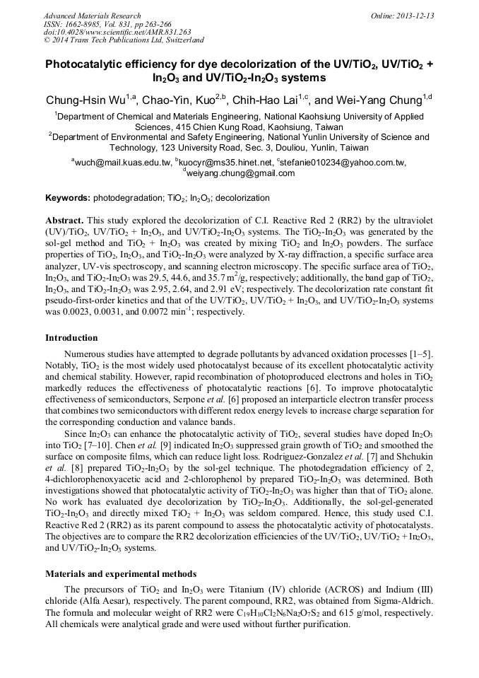 Photocatalytic Efficiency for Dye Decolorization of the UV/TiO2, UV ...