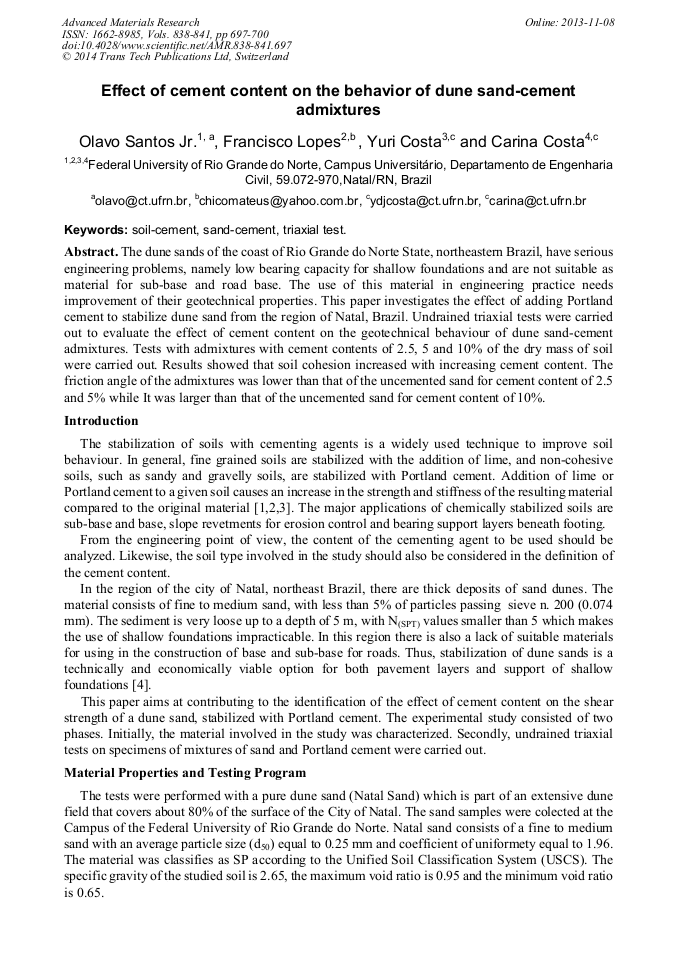 Effect of Cement Content on the Behavior of Dune Sand-Cement Admixtures ...
