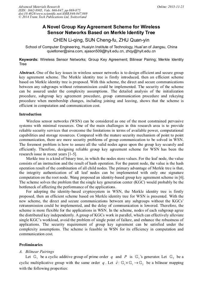 A Novel Group Key Agreement Scheme For Wireless Sensor Networks Based On Merkle Identity Tree Scientific Net