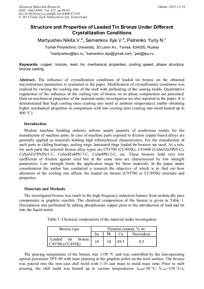 Structure and Properties of Leaded Tin Bronze under Different