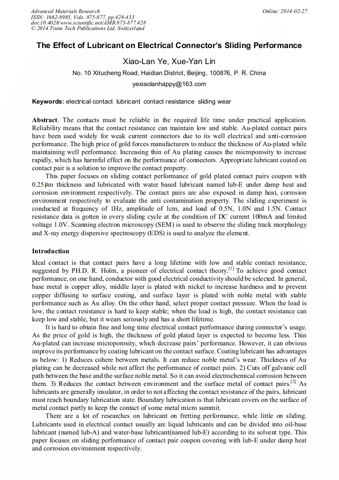 The Effect of Lubricant on Electrical Connector’s Sliding Performance