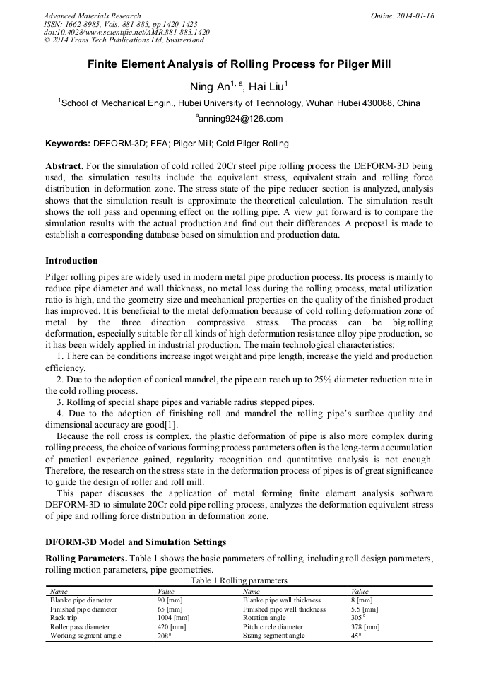 Finite Element Analysis of Rolling Process for Pilger Mill