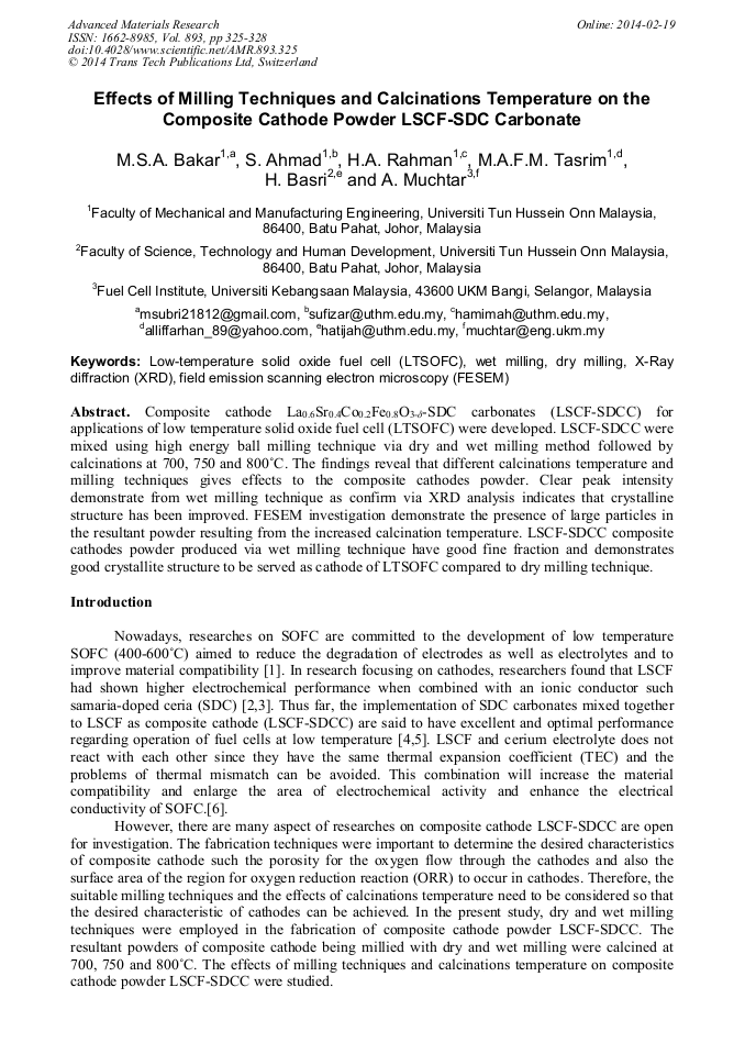 Effects Of Milling Techniques And Calcinations Temperature On The Composite Cathode Powder Lscf Sdc Carbonate Scientific Net