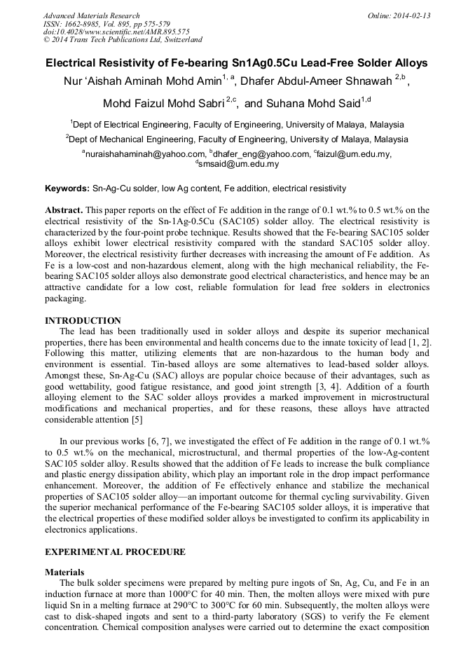 Electrical Resistivity of FeBearing Sn1Ag0.5Cu LeadFree Solder Alloys