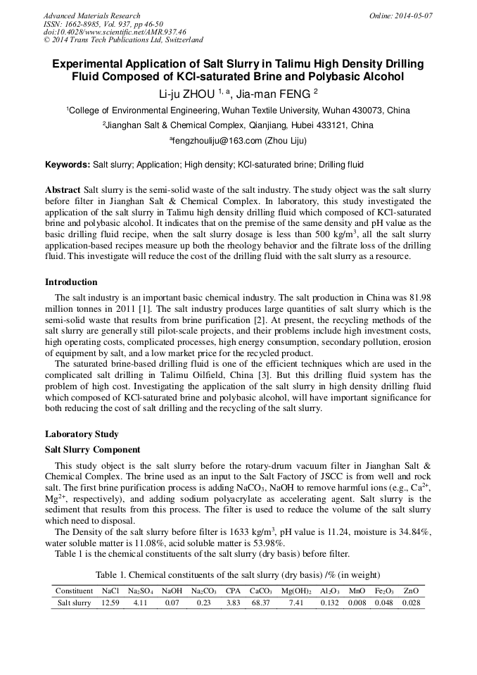 Experimental Application of Salt Slurry in Talimu High Density Drilling
