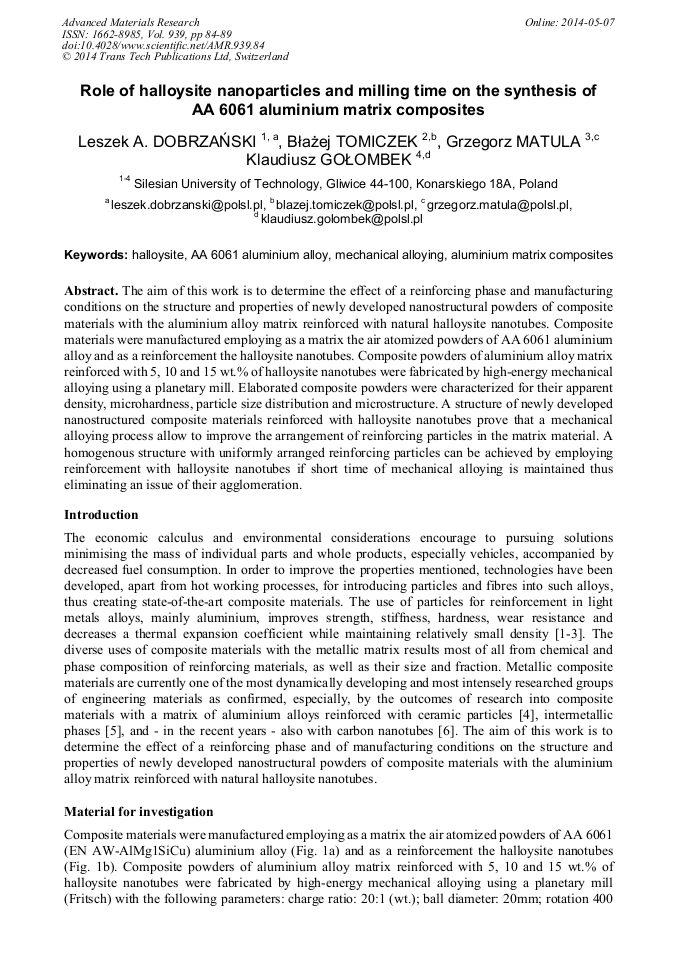Role Of Halloysite Nanoparticles And Milling Time On The Synthesis Of 6061 Aluminium Matrix Composites Scientific Net