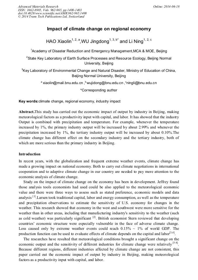 Impact of Climate Change on Regional Economy