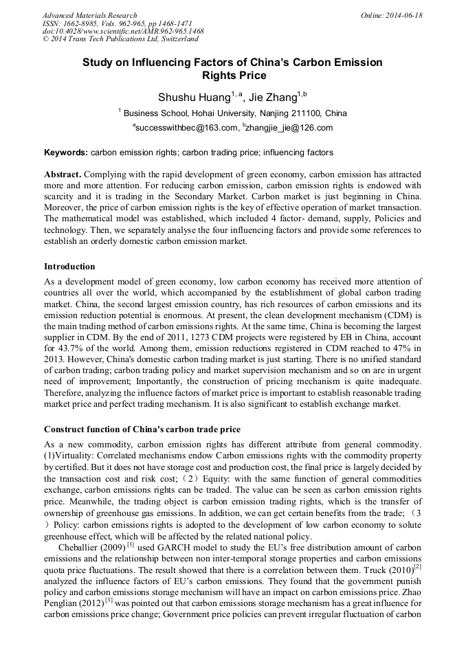 Study on Influencing Factors of China’s Carbon Emission Rights Price