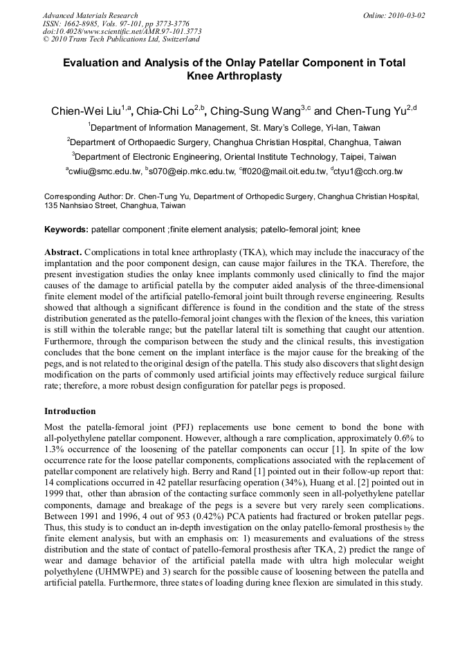 Evaluation And Analysis Of The Onlay Patellar Component In Total Knee Arthroplasty Scientific Net