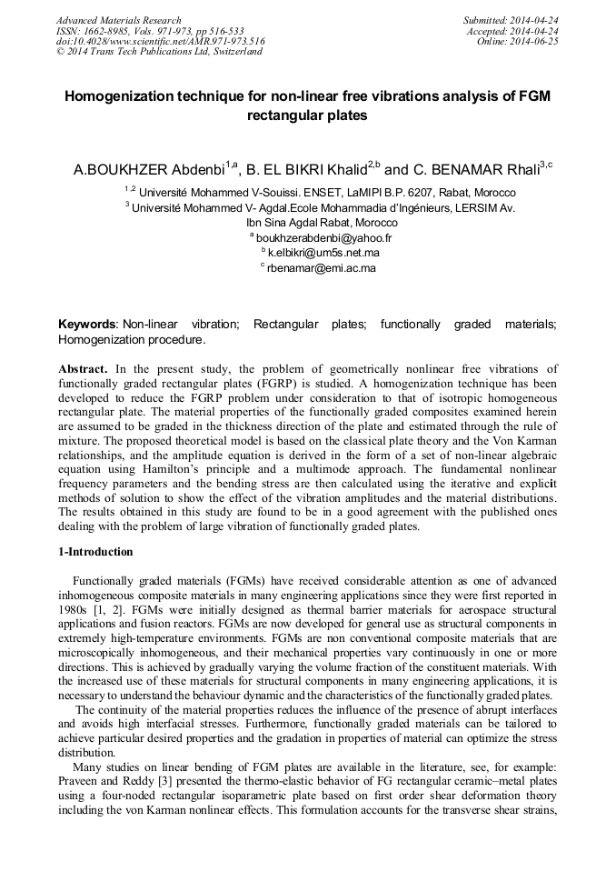 Homogenization Technique for Free Vibrations Analysis of FGM