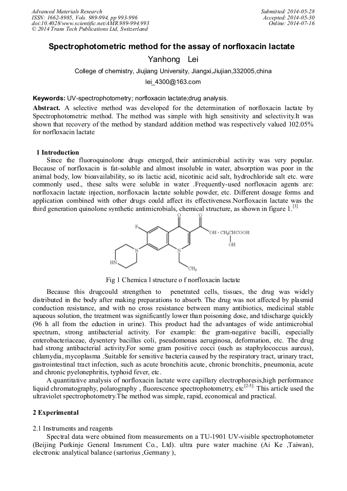 Spectrophotometric Method for the Assay of Norfloxacin Lactate