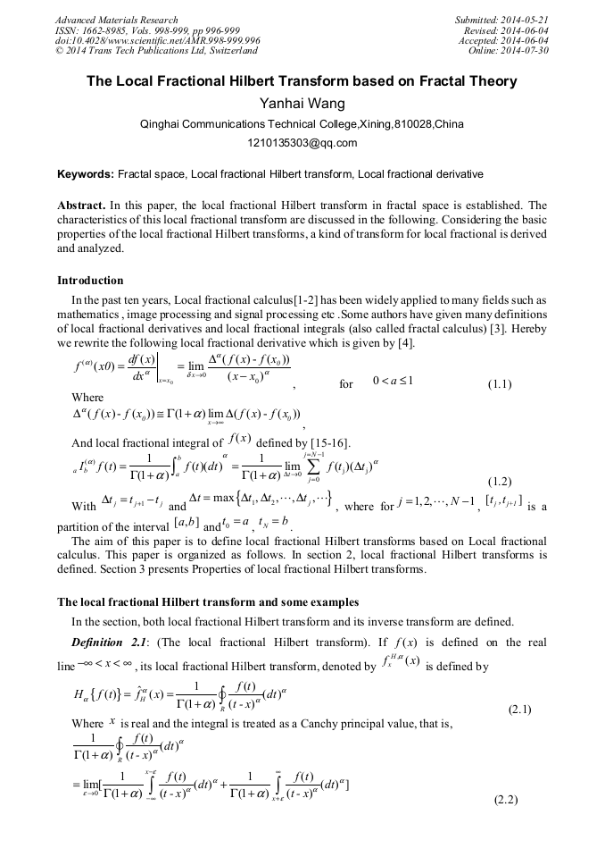 The Local Fractional Hilbert Transform Based on Fractal Theory