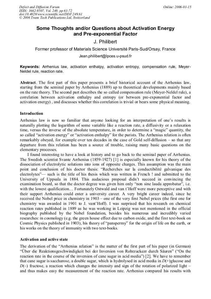 Some Thoughts And Or Questions About Activation Energy And Pre Exponential Factor Scientific Net