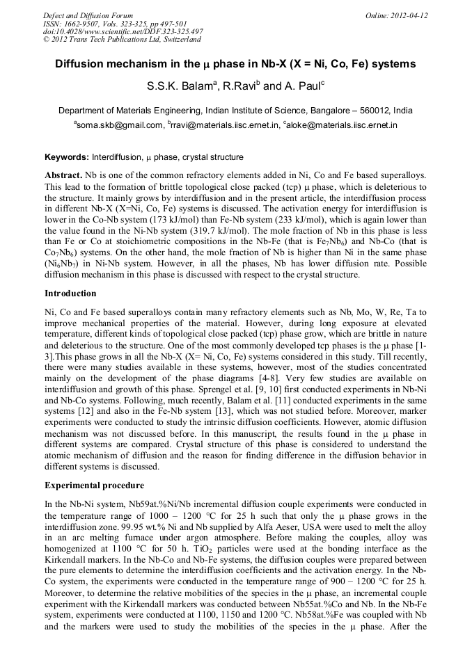 Diffusion Mechanism In The M Phase In Nb X X Ni Co Fe Systems Scientific Net