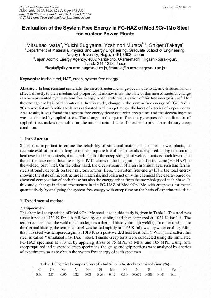 Evaluation Of The System Free Energy In Fg Haz Of Mod 9cr 1mo Steel For Nuclear Power Plants Scientific Net