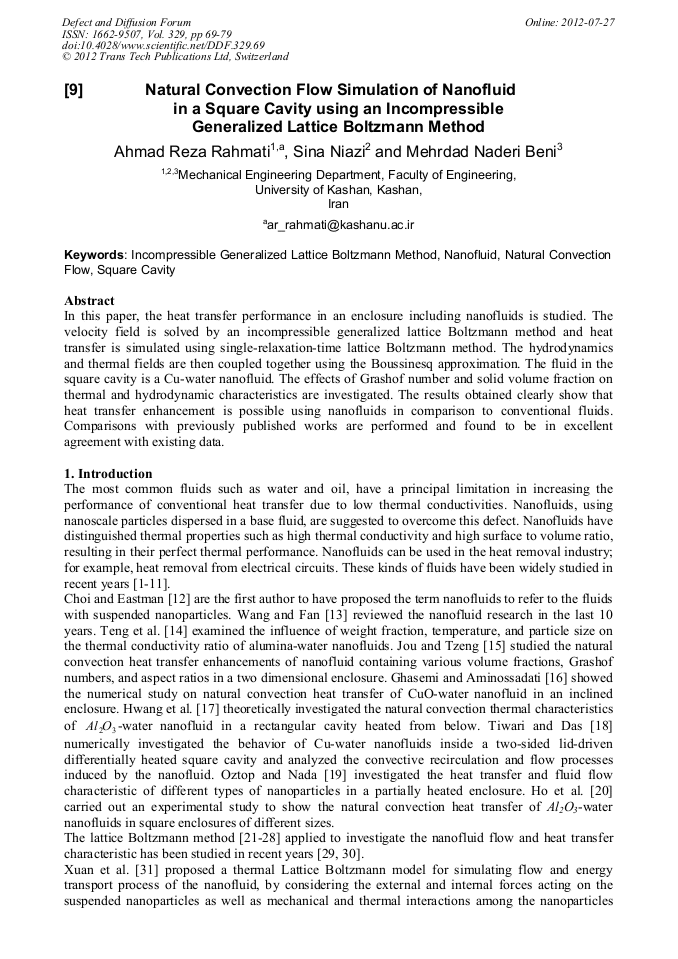 Natural Convection Flow Simulation Of Nanofluid In A Square Cavity Using An Incompressible Generalized Lattice Boltzmann Method Scientific Net