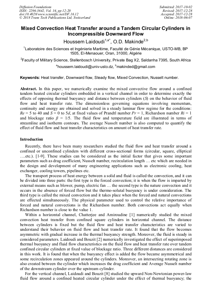 Mixed Convection Heat Transfer around a Tandem Circular Cylinders in ...