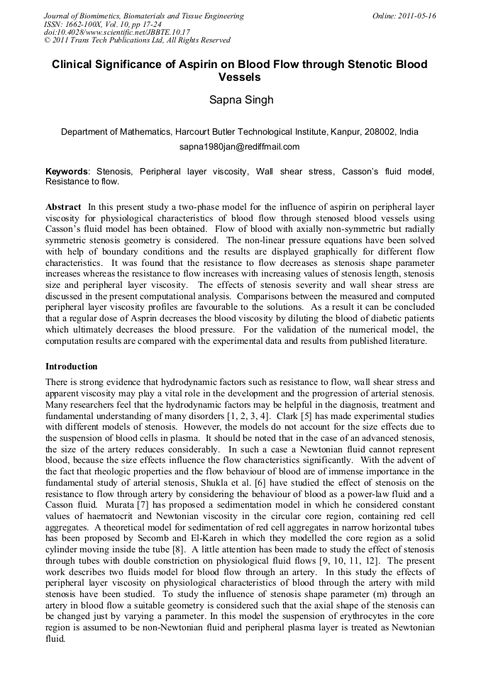 Clinical Significance of Aspirin on Blood Flow through Stenotic Blood