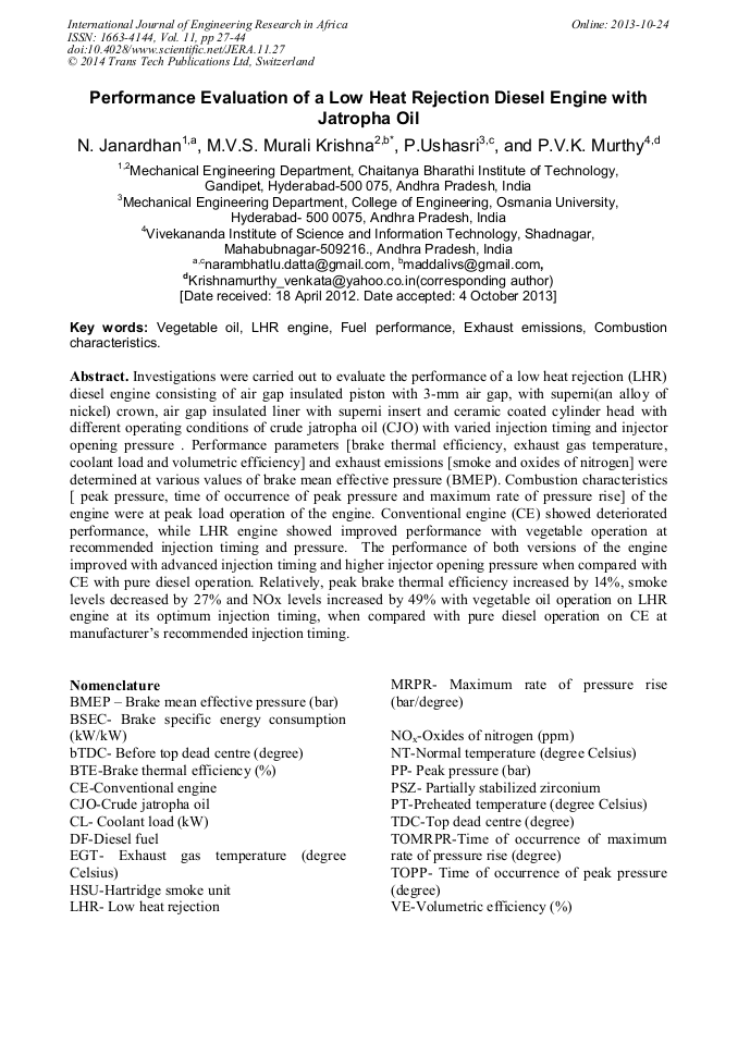 Performance Evaluation of a Low Heat Rejection Diesel Engine with