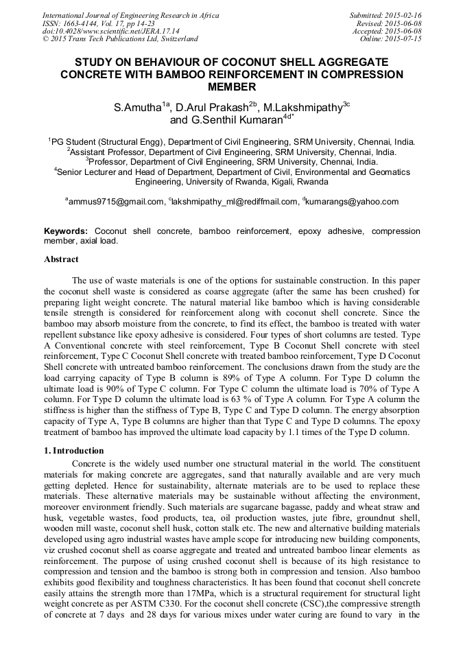 Study on Behaviour of Coconut Shell Aggregate Concrete with Bamboo