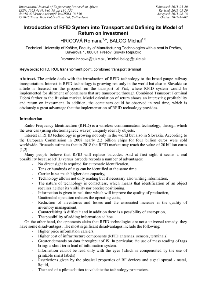 Introduction of RFID System into Transport and Defining its Model of
