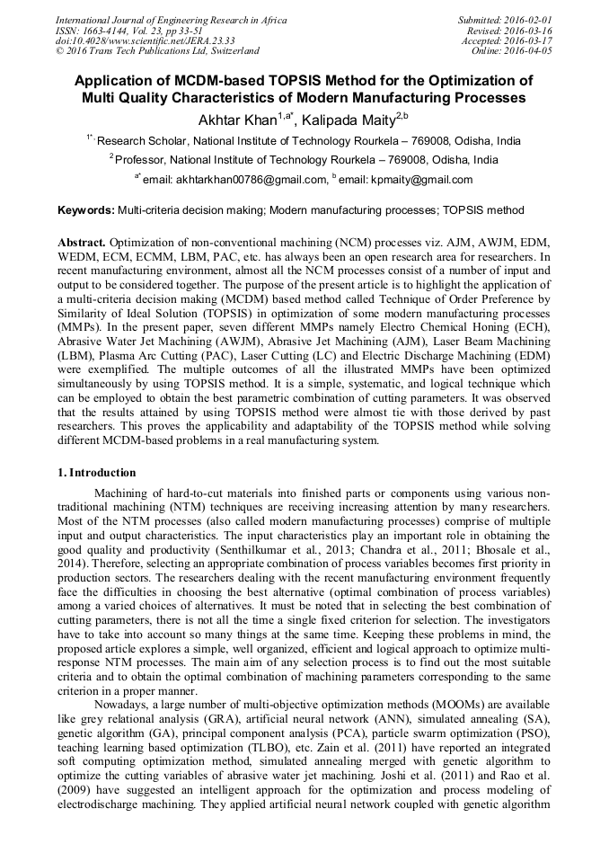 Application of MCDM-Based TOPSIS Method for the Optimization of Multi ...