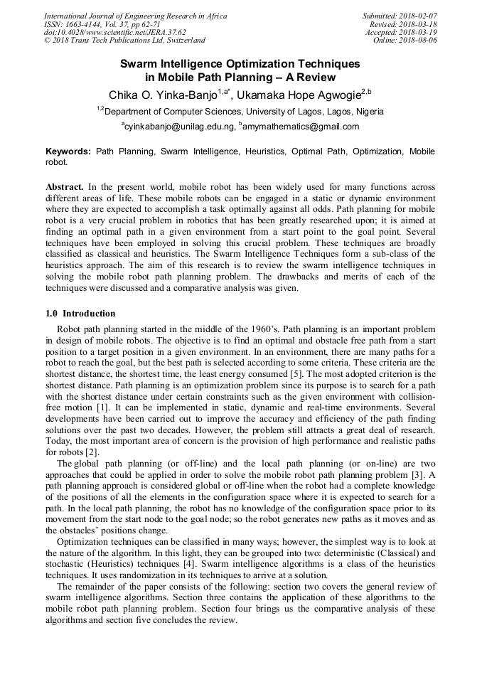 Swarm Intelligence Optimization Techniques in Mobile Path Planning - A ...