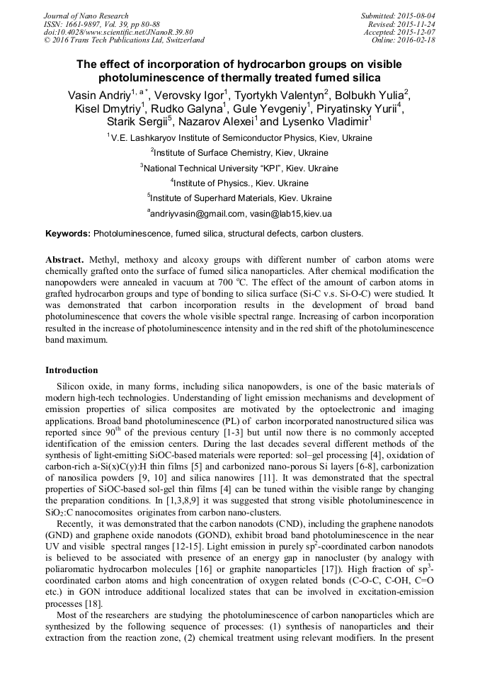 The Effect Of Incorporation Of Hydrocarbon Groups On Visible Photoluminescence Of Thermally Treated Fumed Silica Scientific Net
