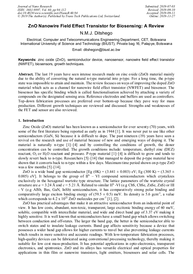 ZnO Nanowire Field Effect Transistor for Biosensing A Review