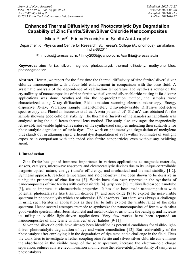 Enhanced Thermal Diffusivity and Photocatalytic Dye Degradation