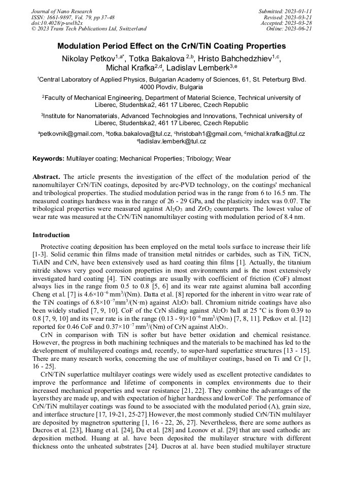 Modulation Period Effect on the CrN/TiN Coating Properties
