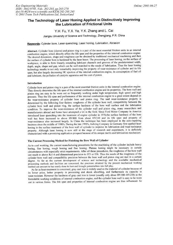 The Technology of Laser Honing Applied in Distinctively Improving the