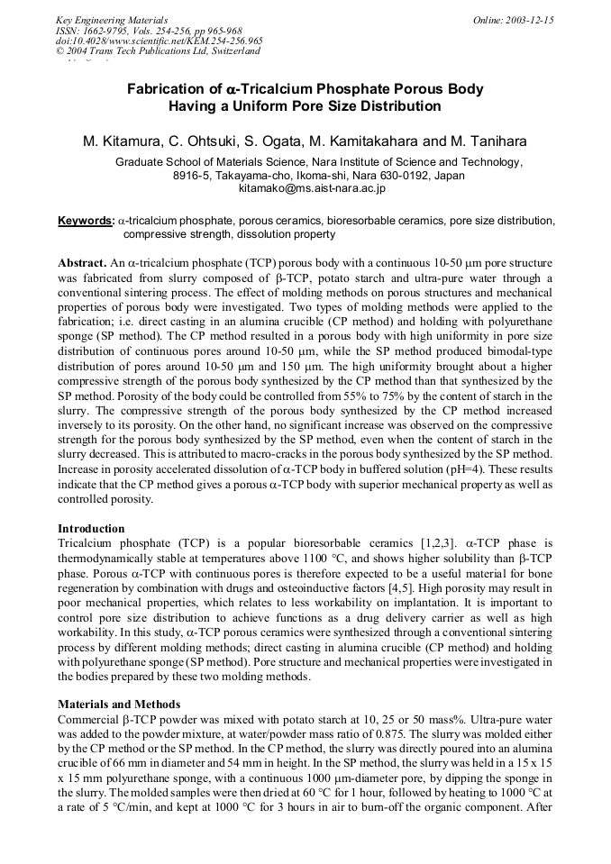 Fabrication of αTricalcium Phosphate Porous Body Having a Uniform Pore