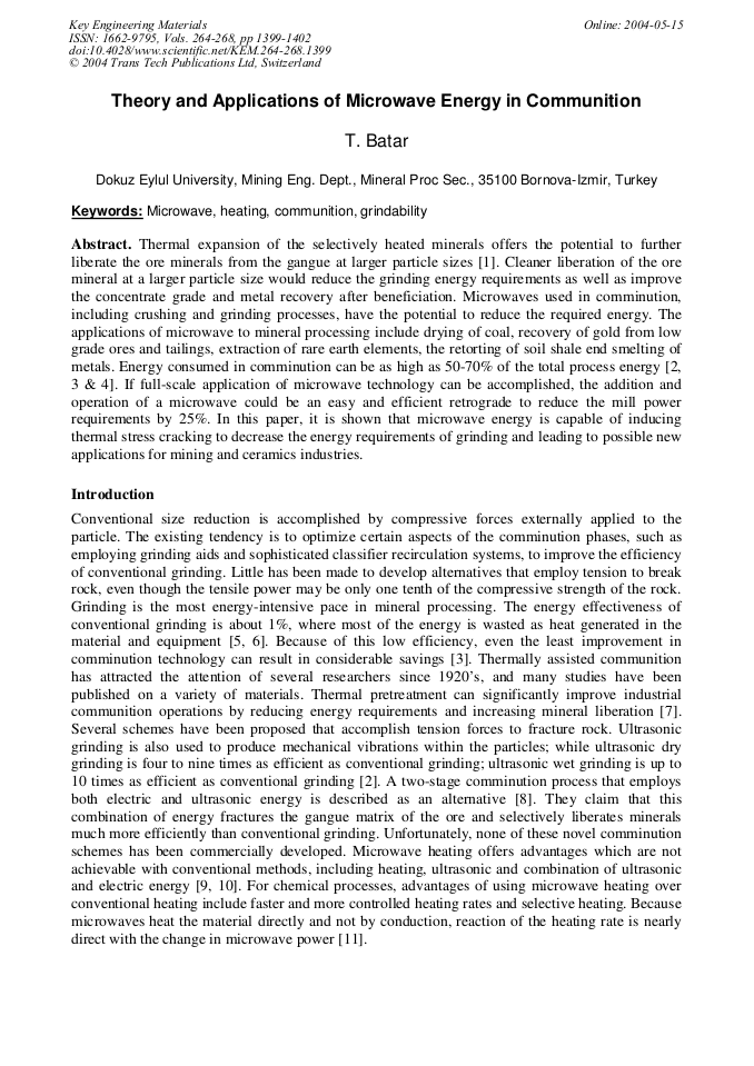 Theory and Applications of Microwave Energy in Communition | Scientific.Net
