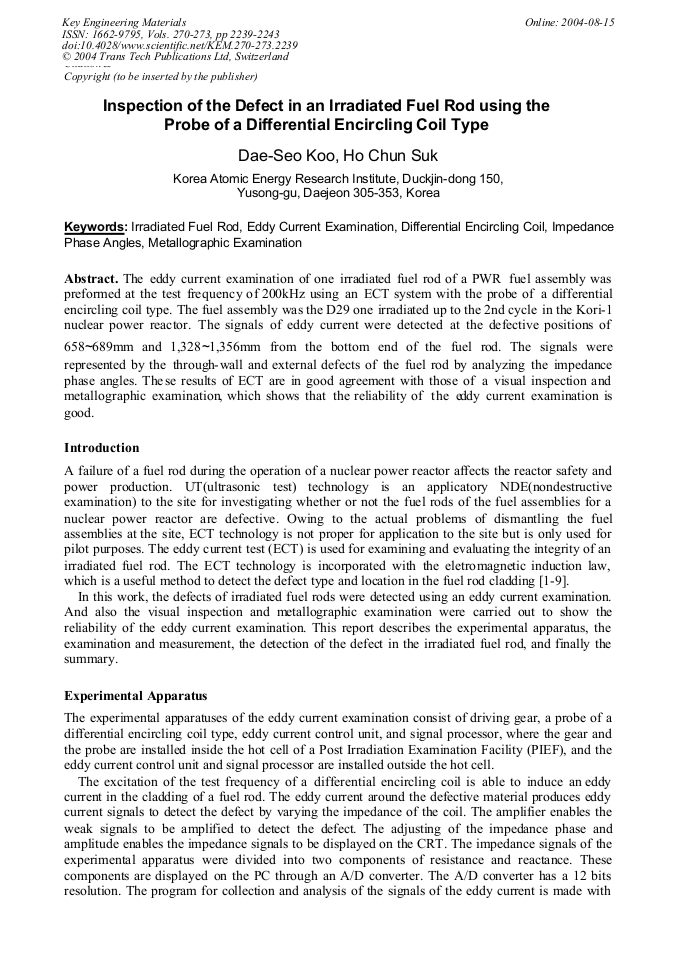 Inspection of the Defect in an Irradiated Fuel Rod Using the Probe of a ...