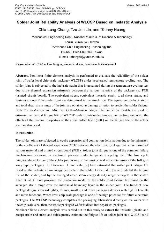 Solder Joint Reliability Analysis of WLCSP Based on Inelastic Analysis