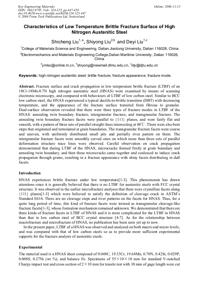 Characteristics of Low Temperature Brittle Fracture Surface of High