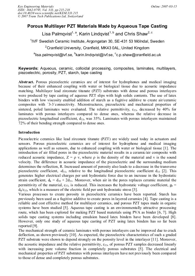 Porous Multilayer PZT Materials Made by Aqueous Tape Casting