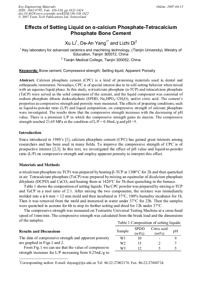Effects of Setting Liquid on αCalcium PhosphateTetracalcium Phosphate