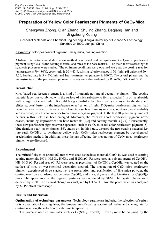 Preparation of Yellow Color Pearlescent Pigments of CeO2-Mica ...