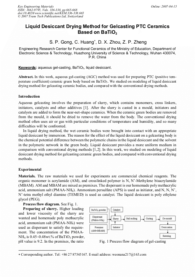 Liquid Desiccant Drying Method for Gelcasting PTC Ceramics Based on