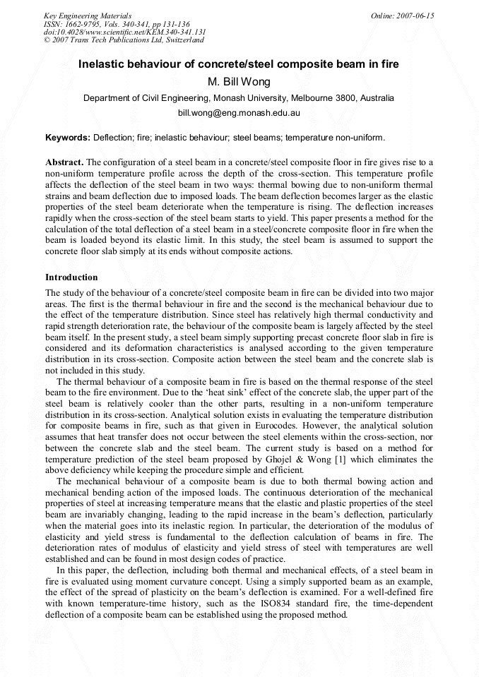 Inelastic Behaviour Of Concrete Steel Composite Beam In Fire Scientific Net