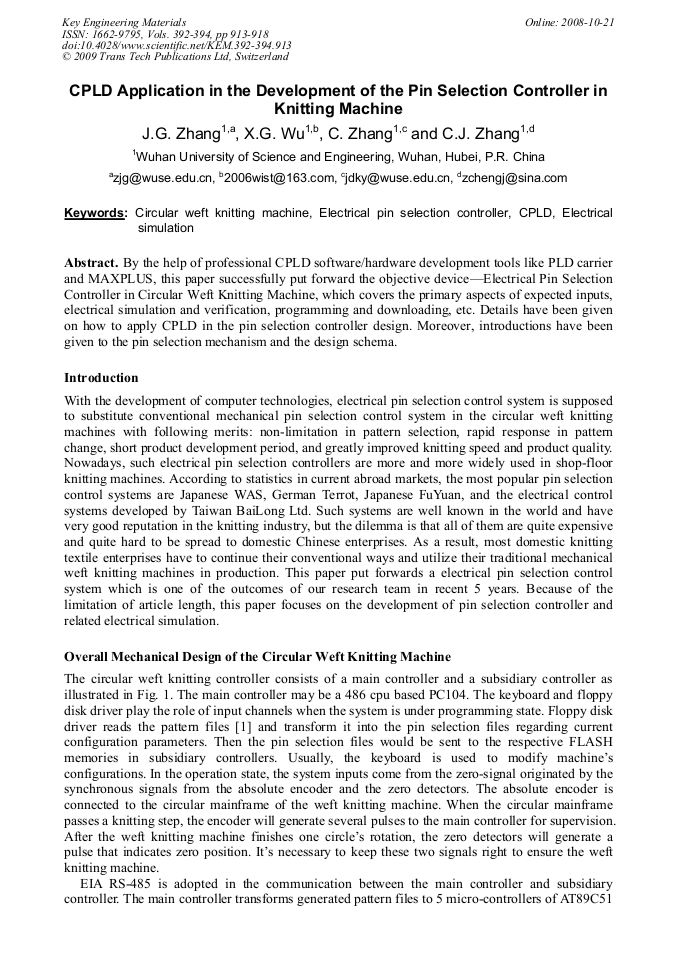 Cpld Application In The Development Of The Pin Selection Controller In Knitting Machine Scientific Net