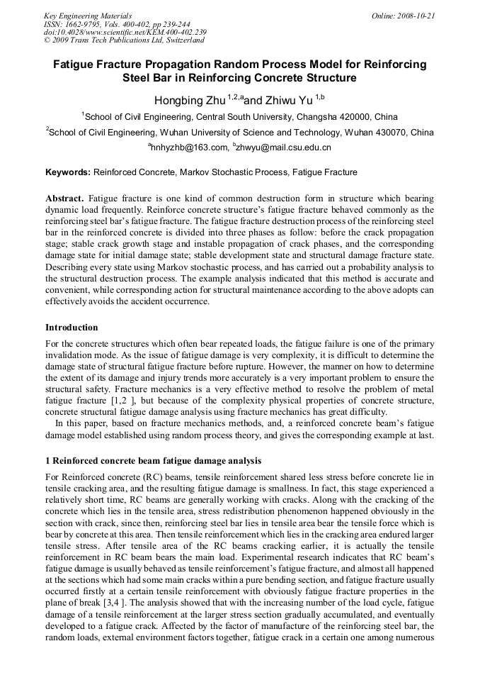 Fatigue Fracture Propagation Random Process Model for Reinforcing Steel ...
