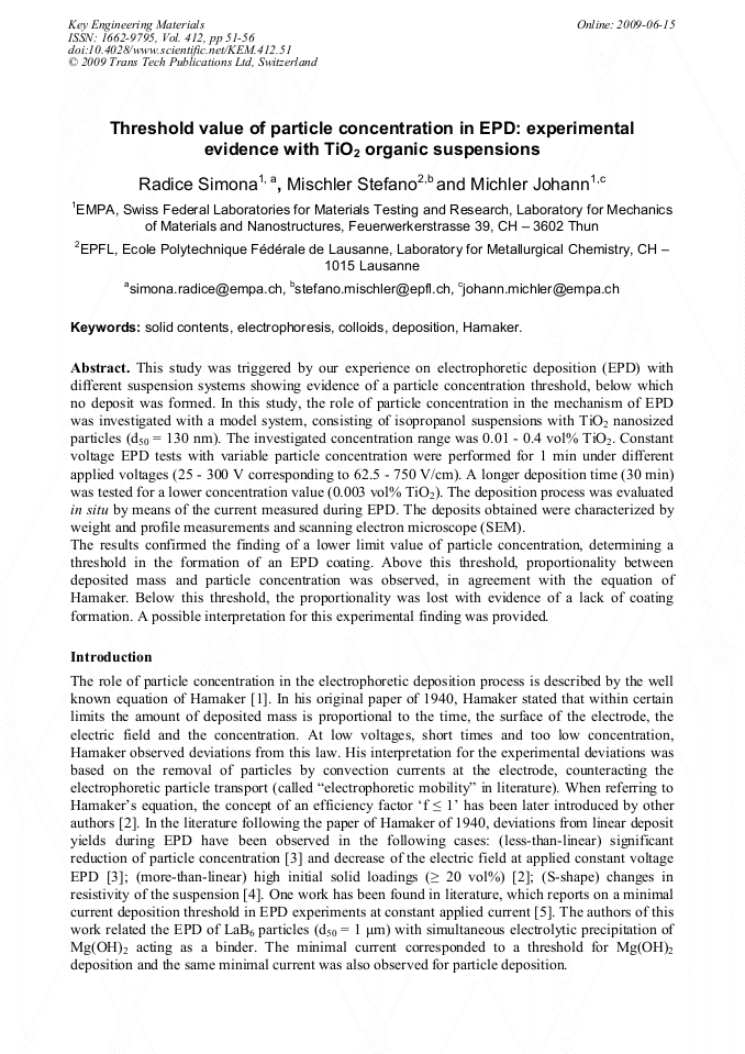 Threshold Value of Particle Concentration in EPD: Experimental Evidence ...