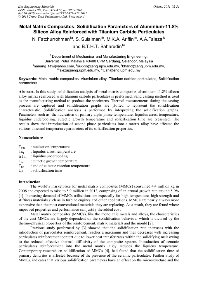 Metal Matrix Composites Solidification Parameters of Aluminium11.8