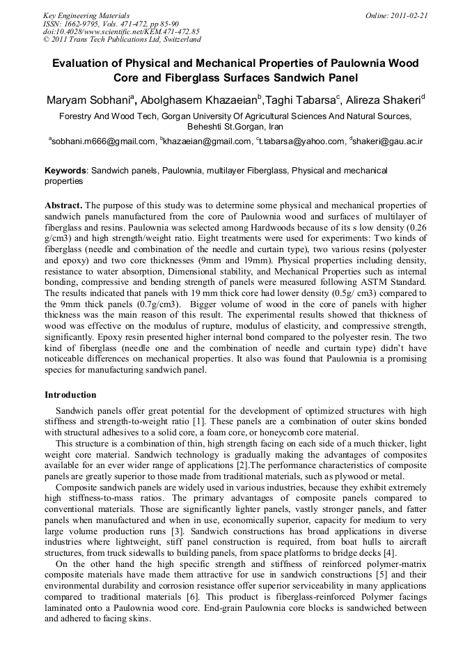 Evaluation of Physical and Mechanical Properties of Paulownia Wood Core