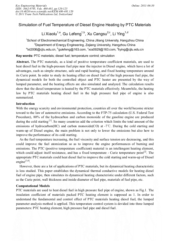 Simulation of Fuel Temperature of Diesel Engine Heating by PTC