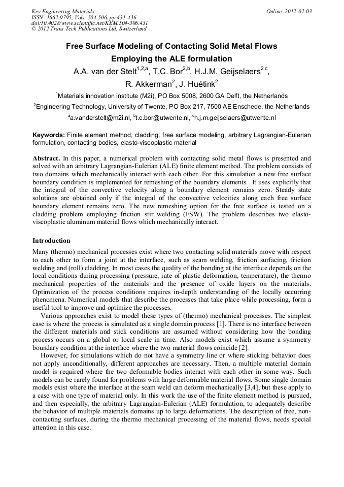 Free Surface Modeling Of Contacting Solid Metal Flows Employing The Ale Formulation Scientific Net